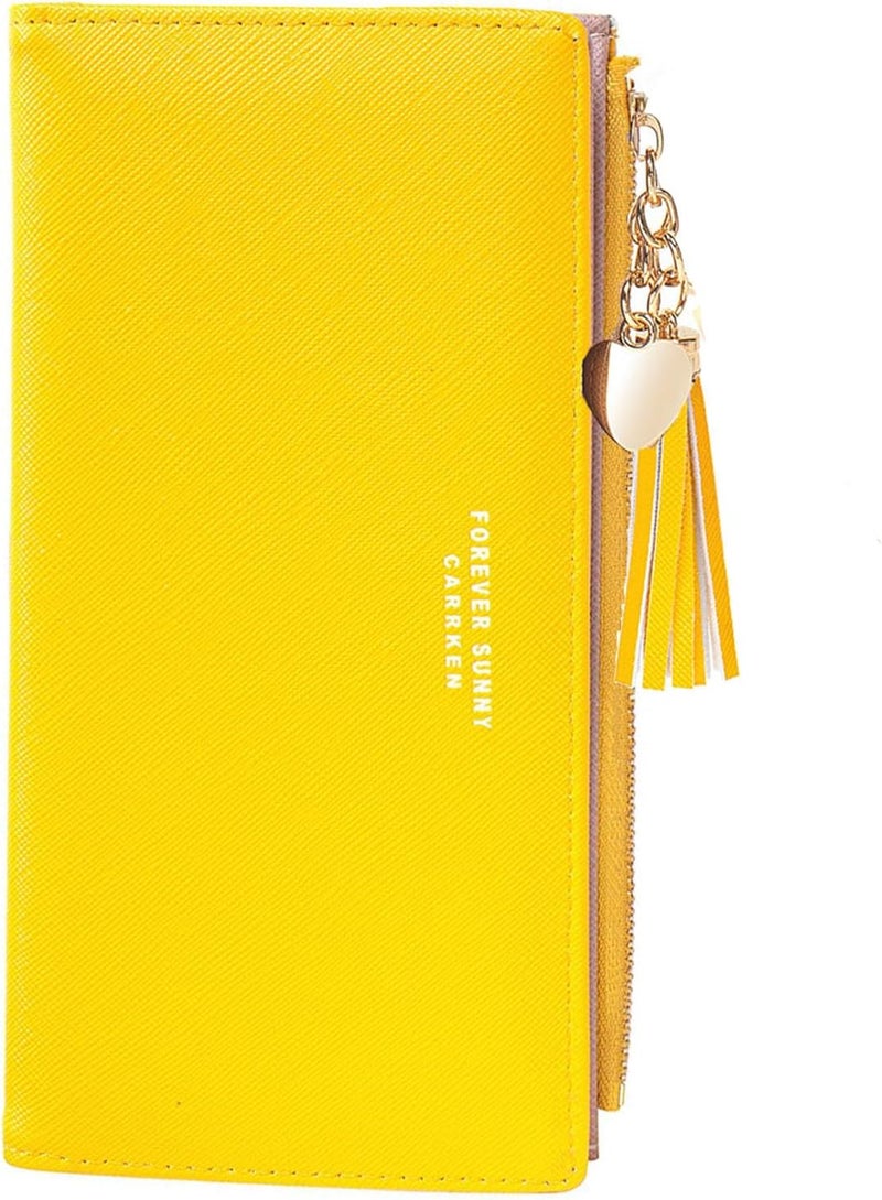 KOTORA Womens Slim Wallet Girls Thin Wallets Pretty Mini Long Card Holder Small Tiny Clutch Zip Purse Love Pendant Tassels Billfold (Yellow) - Image 1